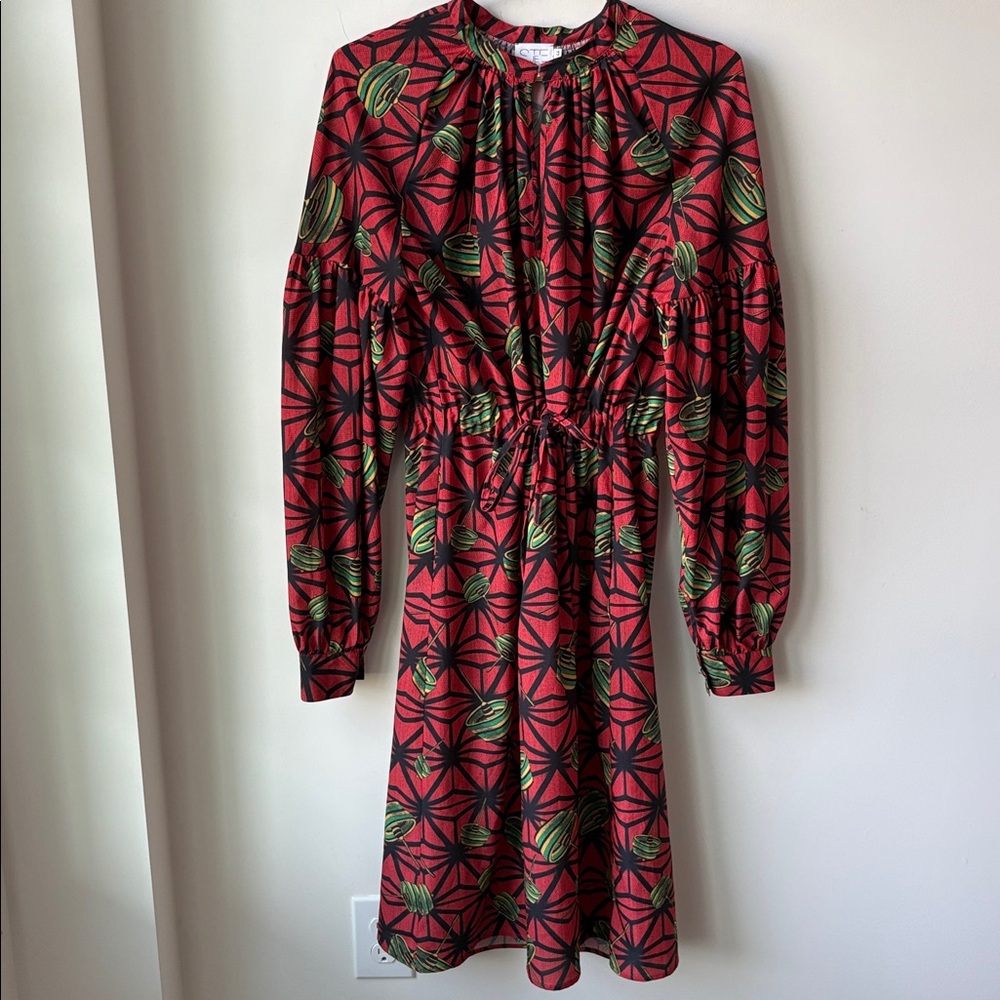 Stella Jean Patterned Midi Dress in Orange/Red Green Blouson Sleeves Size 8